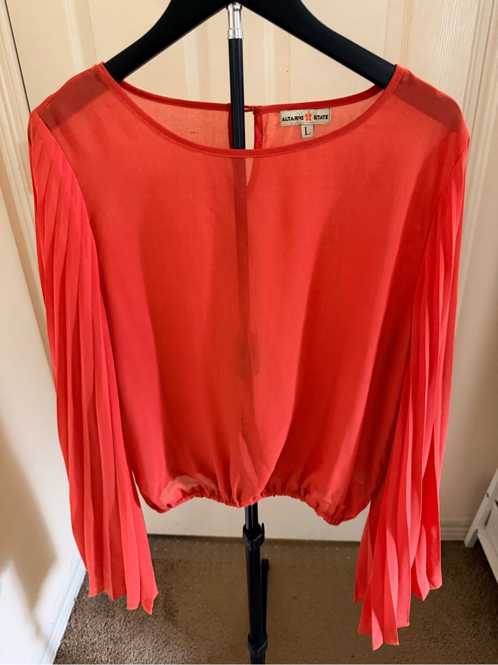 Altar'd State Orange Long-Sleeve Pleated Blouse, Silk Blend Size L